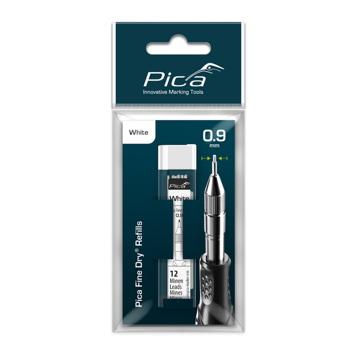 Pica Fine Dry White Refills, 0.9mm Leads - Precision Marking Tool Replacement Pack