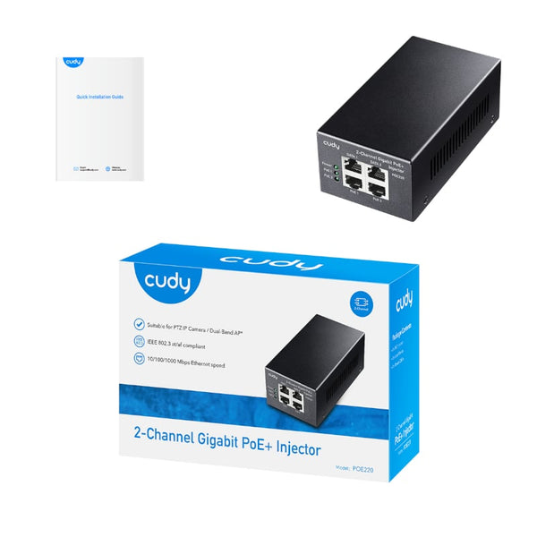 Cudy 2-Channel Gigabit PoE+ Injector: Power & Data for IP Cameras, WiFi APs, VOIP Phones. Fast Ethernet speeds & reliable performance.