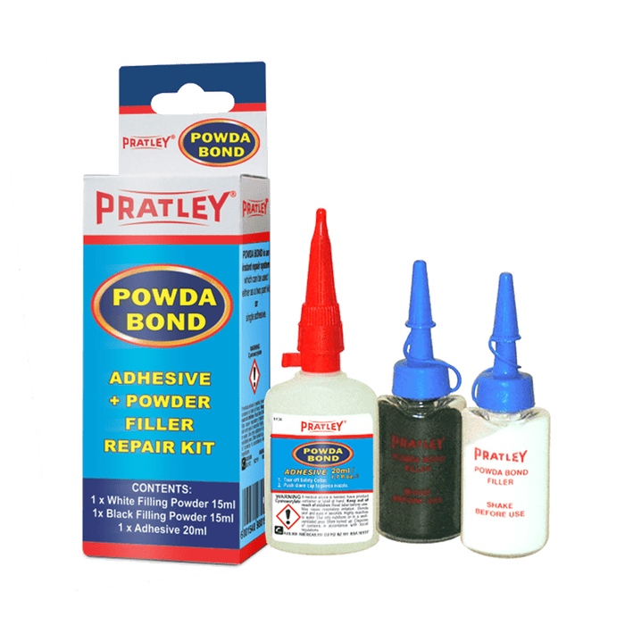Pratley Powda Bond Adhesive Repair Kit: Powder Filler, Glue, and Applicators for DIY Home Repairs and Bonding.