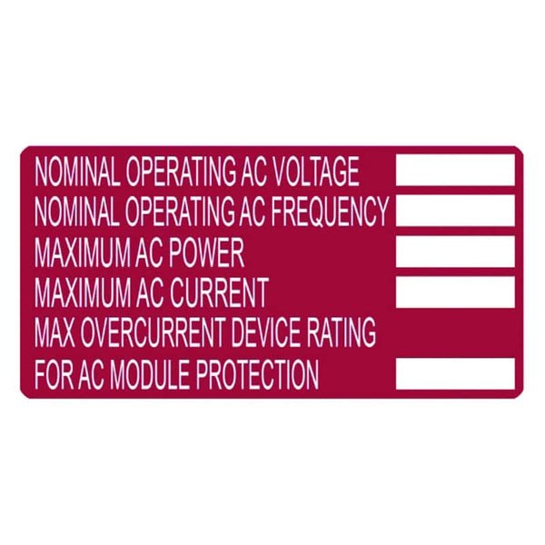 Solar AC Module Rating Label - HELLERMANNTYTON - AC Voltage, Frequency, Power, Current, and Overcurrent Information