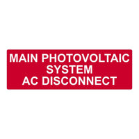 Solar Main AC Disconnect Label, White on Red, 44x139mm. Electrical safety signage for photovoltaic systems.