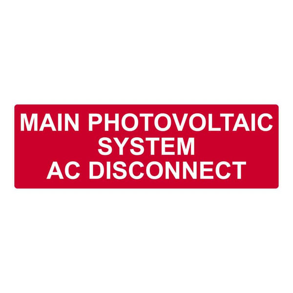 Solar Main AC Disconnect Label, White on Red, 44x139mm. Electrical safety signage for photovoltaic systems.