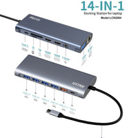 Mecer - MECER 14 in1 Type C Universal Docking Station W/ VGA x1/ HDMI x2/ USB3.0 x3 USB2.0 x2 TF&SD/ RJ45 x1/ Audio Jack x1/PD Support 100W & data/ Cable Length 15cm. - LCN2084