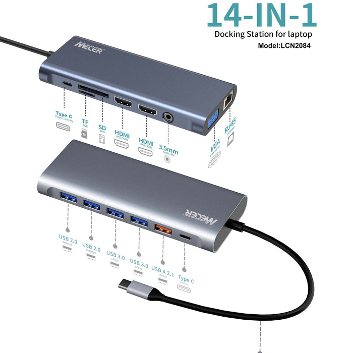 Mecer - MECER 14 in1 Type C Universal Docking Station W/ VGA x1/ HDMI x2/ USB3.0 x3 USB2.0 x2 TF&SD/ RJ45 x1/ Audio Jack x1/PD Support 100W & data/ Cable Length 15cm. - LCN2084