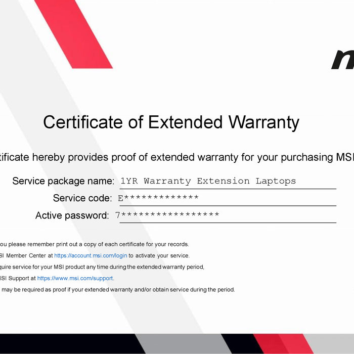 MSI WARRANTY EXTENSION/ 1+ YEAR EXTENSION - Y06-1190002-MSI