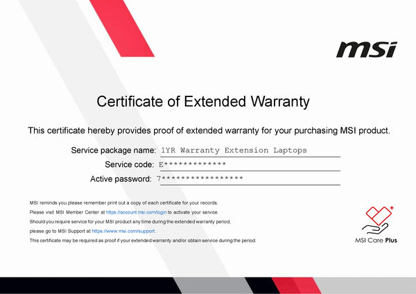 MSI WARRANTY EXTENSION/ 1+ YEAR EXTENSION - Y06-1190002-MSI