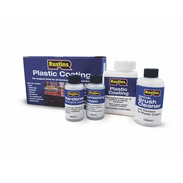 Rustins Plastic Coating Outfit: Clear Two-Part Wood & Furniture Lacquer Kit. Hardener, Thinners & Burnishing Cream included