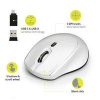PORT CONNECT Silent Wireless Mouse - White, 1600 DPI, USB-A/Type-C, Ergonomic