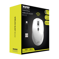 PORT CONNECT Silent Wireless Mouse - White, 1600 DPI, USB-A/Type-C, Ergonomic