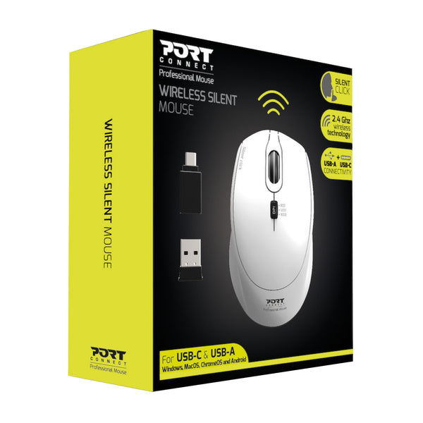 Port Connect Silent 1600DPI 3 Button Wireless Mouse - White