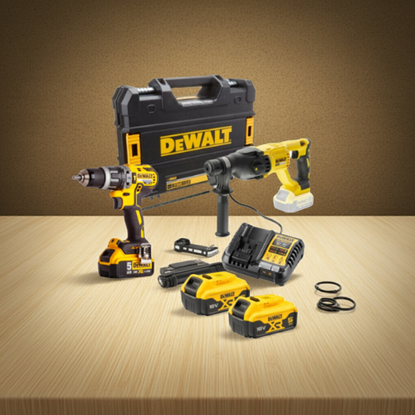 1 x HAMMER DRILL DCD796,1 x GRINDER DCG409VS, 2 x BATTERIES 18 V 5 AH,1 x CHARGER DCB1104, 2 x CARRY CASES TSAK - DWCOMBO85
