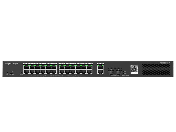 Reyee RG-ES228GS-P: 26-Port Gigabit PoE Smart Managed Switch, 24 PoE Ports, 2 SFP Ports. Network Switch Image.