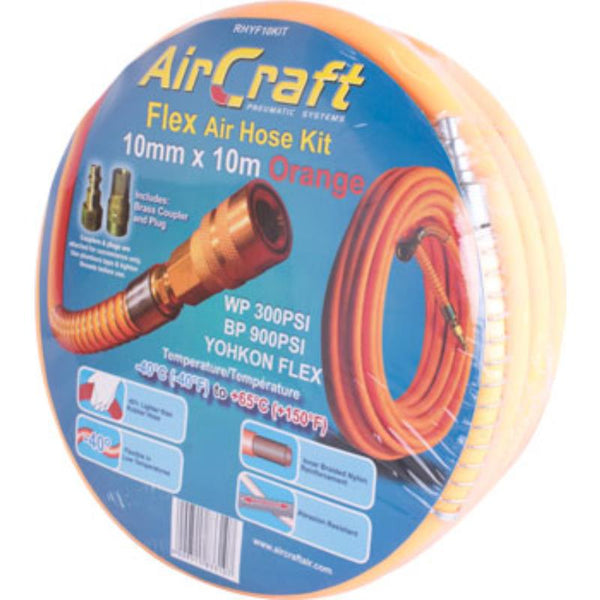 FLEX AIR HOSE KIT 10MM X 10M ORANGE  W/QUICK COUPLER & CONNECTOR YOHKO