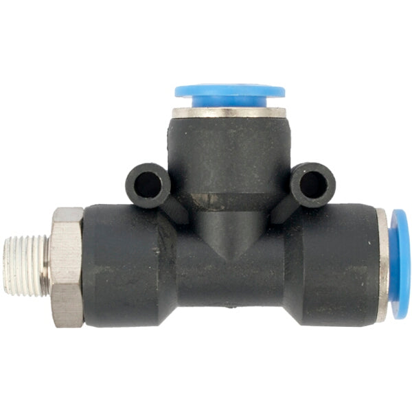 Pneumatic Tee Fitting, 10mm PU Hose x 10mm PU Hose x 1/8" Male Thread, Black Plastic, Air Hose Connector