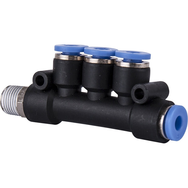 PU Hose Fitting Manifold: 4 x 4mm Ports, 1/8" Male Thread Pneumatic Connector, Air Hose Splitter - Multi Port Connector