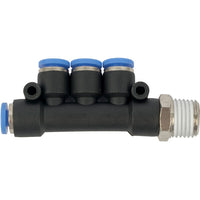 PU Hose Fitting Manifold, 4 x 4mm Ports, 1/4 inch Male Thread - Pneumatic Connector