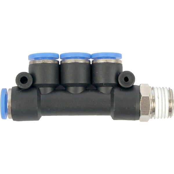 PU Hose Fitting Manifold - 4 x 6mm Ports - 1/4" Male Thread Pneumatic Connector