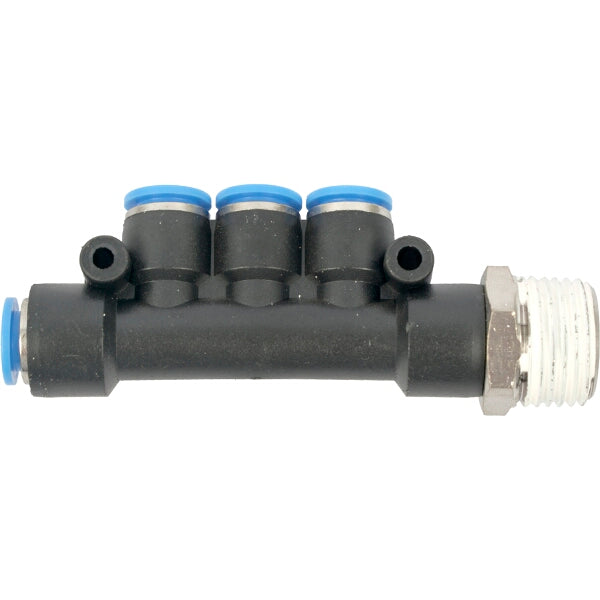 PU Hose Fitting Manifold 4 x 8mm Port with 1/4" Male Thread - Pneumatic Air Hose Connector
