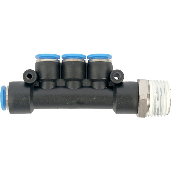 PU Hose Fitting Manifold, 4 x 8mm Ports, 1/2" Male Thread - Pneumatic Connector for Air Hose Systems | Buy Online