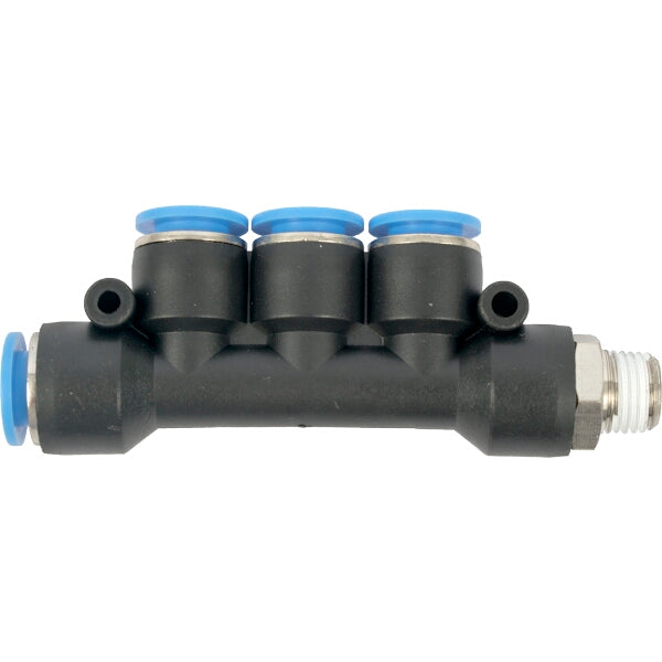 PU Hose Fitting Manifold: 4 x 10mm Ports, 1/4"M, Pneumatic Air Distribution Component