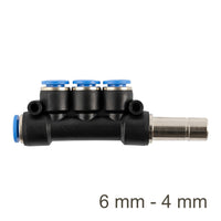 4-Port Pneumatic Manifold 6mm-4mm Push-in Fitting: Black pneumatic manifold with 4 ports, 6mm to 4mm tube connection.