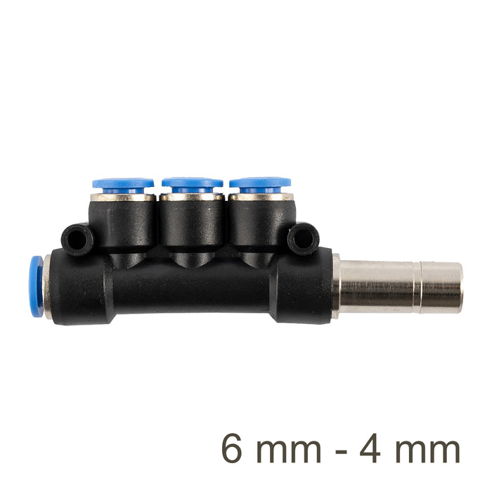4-Port Pneumatic Manifold 6mm-4mm Push-in Fitting: Black pneumatic manifold with 4 ports, 6mm to 4mm tube connection.
