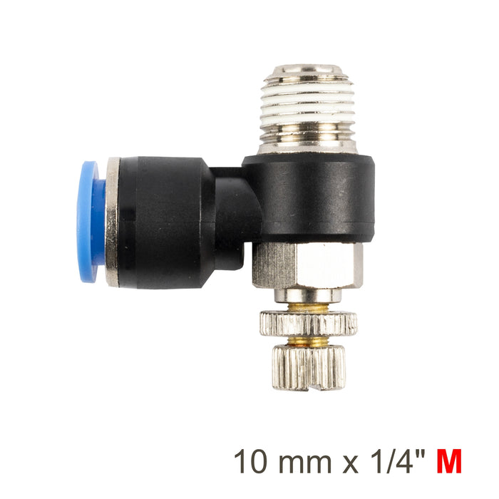 Flow Control Elbow, Pneumatic Fitting, 10mm Push-in, 1/4