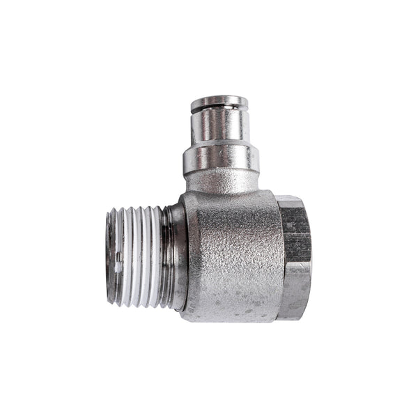 Metal Swivel Elbow Fitting, 6mm Push-In x 1/2" Male Thread. Durable connector for pneumatic systems. Shop Now!