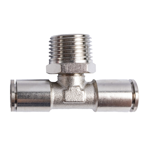 Metal Pneumatic Fitting: 10mm Push to Connect Tee Joint with 1/2" Male Thread - Air Line Connector