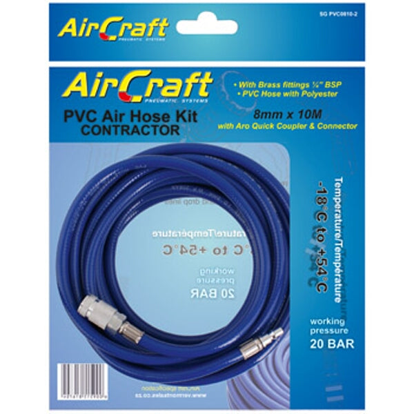 AirCraft PVC Air Hose Kit: 8mm x 10M with Aro Quick Coupler & Connector. Durable air hose for compressors and pneumatic tools.