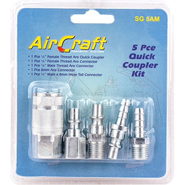 AirCraft 5-Piece Air Compressor Quick Coupler Kit | ARO Style Connectors & Fittings for Pneumatic Air Tools