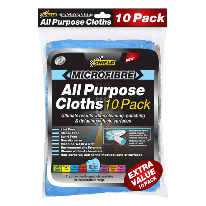 Shield Microfibre All Purpose Cloths 10 Pack - Car Cleaning & Detailing, Lint Free, Streak Free
