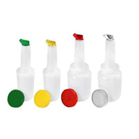 Bartender pourer bottles: Professional liquor dispenser set with colorful pour tops - Green, Yellow, Red, Silver.