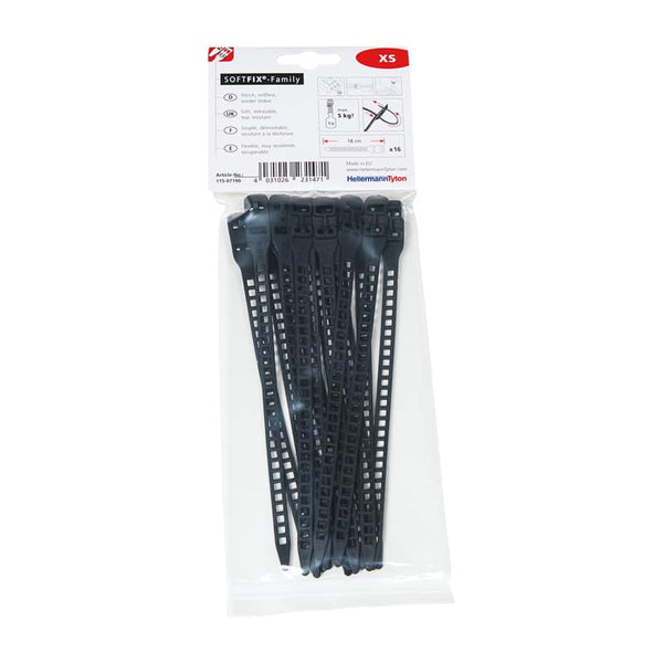 HellermannTyton Softfix Cable Ties: Black, Reusable, 180mm. XS Size. Secure your cables!