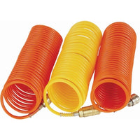 Spiral Air Compressor Hose: Orange & Yellow Polyurethane Recoil Hoses with Quick Couplers. Polyp Hose, 6.5mm x 10mm.