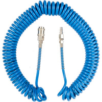 Blue Spiral Air Hose with Quick Couplers - 5mm x 8mm x 12m Polyurethane Pneumatic Coil Hose