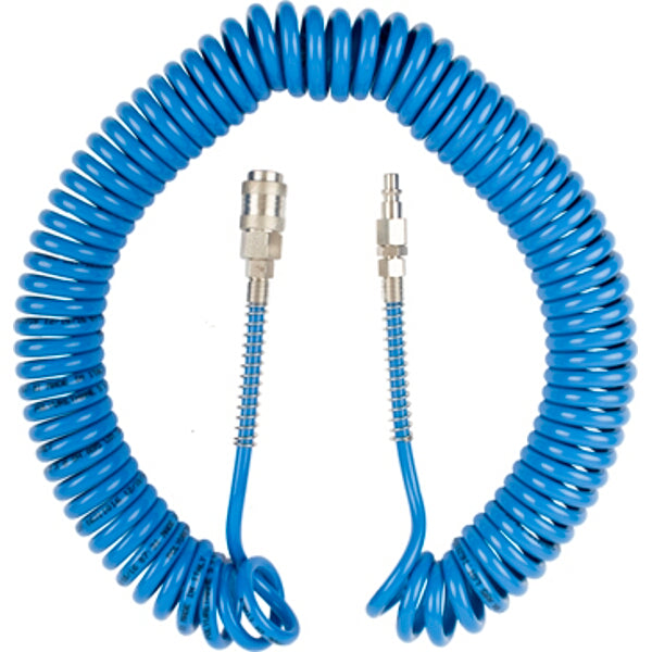 Blue Spiral Air Hose with Quick Couplers - 5mm x 8mm x 12m Polyurethane Pneumatic Coil Hose