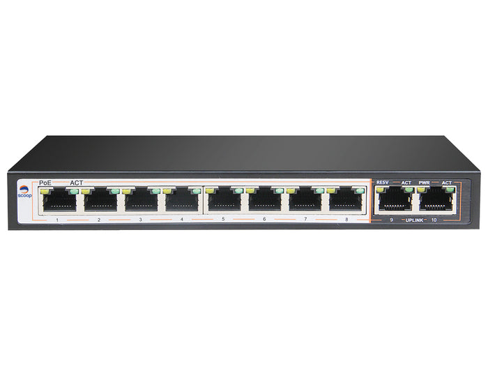 Scoop 8 Port Fast Ethernet PoE Switch 96W with 2 Gigabit Uplink Ports - Network Device