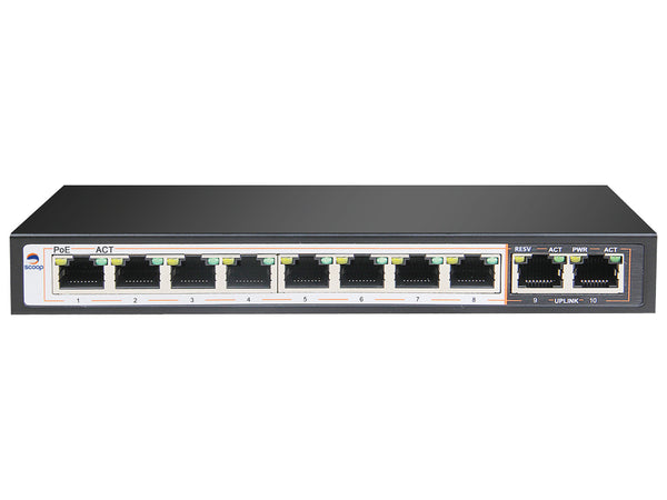 Scoop 8 Port Fast Ethernet PoE Switch 96W with 2 Gigabit Uplink Ports - Network Device