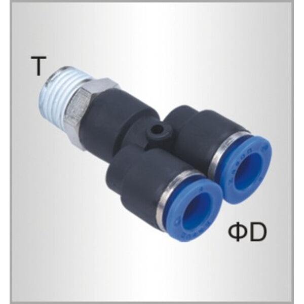 Pneumatic Y Splitter - 8mm PU Hose Fitting, 3/8" Male Thread. Air Hose Connector, Industrial Tubing.