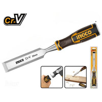 INGCO Cr-V Wood Chisel: Durable Woodworking Tool for Precision Cuts - Shown with handle, blade, and usage scenarios