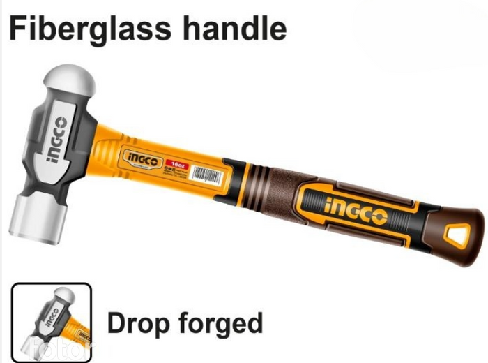 INGCO HAMMER BALL PEIN 450G HBPH81016 - Heavy Duty, Fiberglass Handle, Drop Forged
