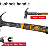 Ingco 550G Claw Hammer: Anti-Shock Handle, Magnetic Nail Starter, Overall Forged - Durable & Ergonomic Hand Tool for Construction