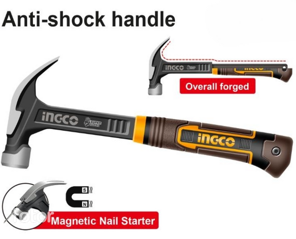 Ingco 550G Claw Hammer: Anti-Shock Handle, Magnetic Nail Starter, Overall Forged - Durable & Ergonomic Hand Tool for Construction