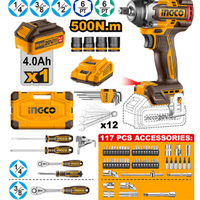 INGCO 20V IMPACT WRENCH 500NM B/LESS KIT 152PCS - HKTHP31521