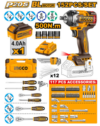 INGCO 20V IMPACT WRENCH 500NM B/LESS KIT 152PCS - HKTHP31521