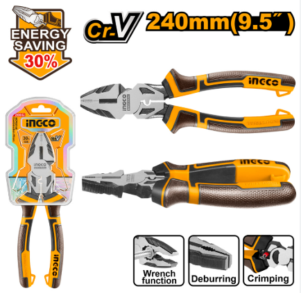 INGCO Combination Plier 240MM HHCP28240 - Heavy Duty Hand Tool with Wrench, Deburring, & Crimping Functions
