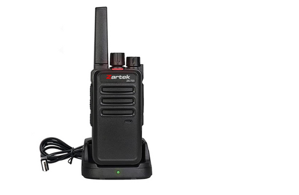 Zartek  ZA-723 two-way radio, UHF handheld transceiver,  2 pin side jack (incl radio, USB desktop charging cradle, mains adaptor, battery, belt clip) Box