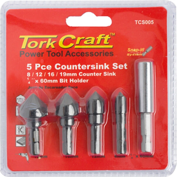 Tork Craft 5-Piece Countersink Set - Power Tool Accessories for Woodworking & DIY - Sizes 8/12/16/19mm