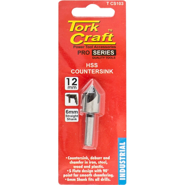Tork Craft HSS Countersink Drill Bit 12mm 5 Flute - Deburring, Smoothing Holes in Wood, Steel, Plastic